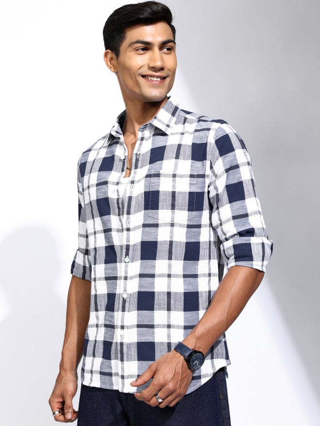Locomotive Men Blue Checked Regular Fit Casual Shirt - Blue - Image 4