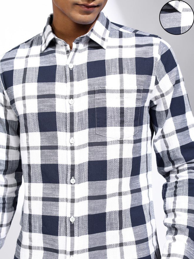 Locomotive Men Blue Checked Regular Fit Casual Shirt - Blue - Image 5