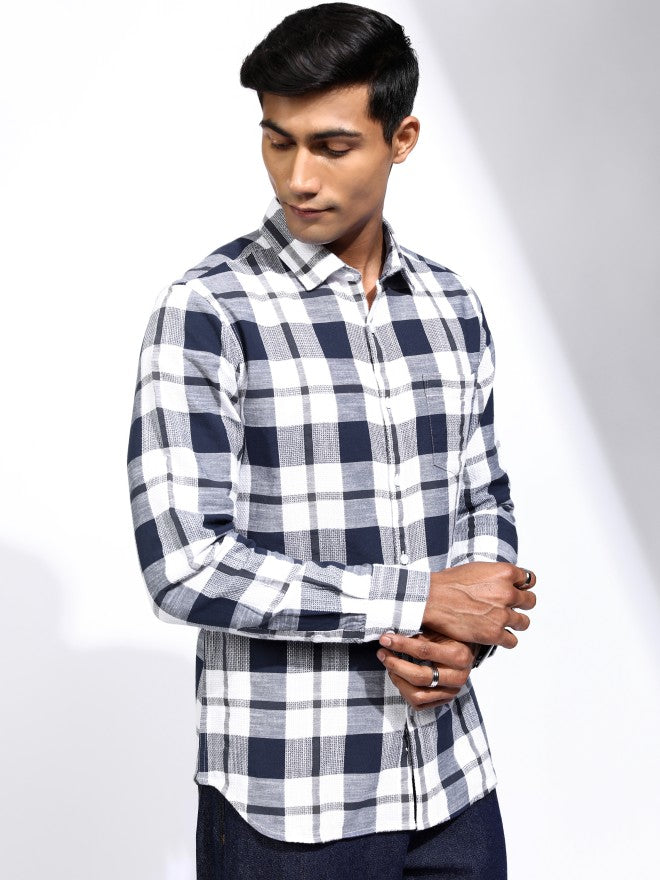 Locomotive Men Blue Checked Regular Fit Casual Shirt - Blue - Image 6