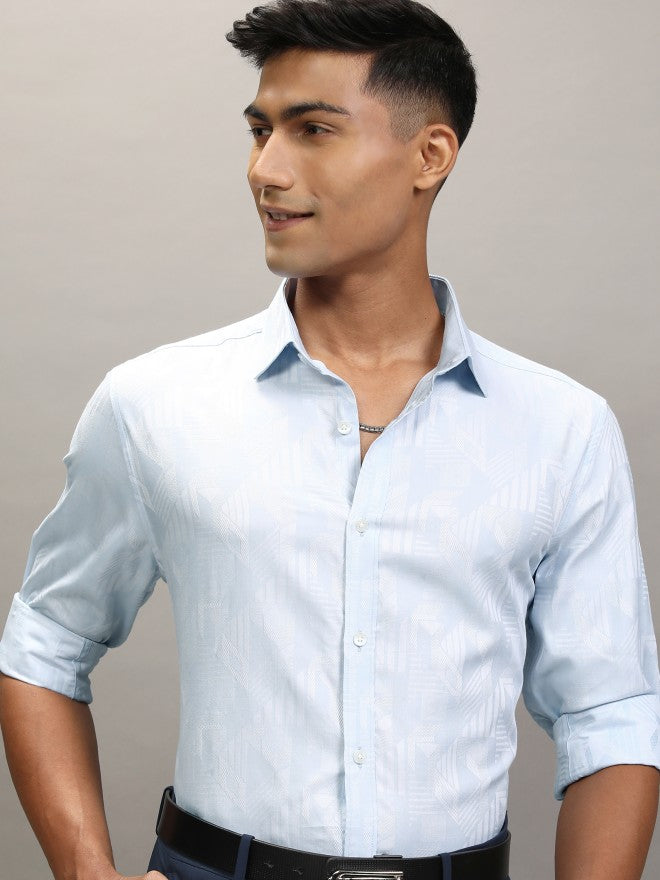 Locomotive Men Blue Textured Slim Fit Casual Shirt - Blue - Image 1
