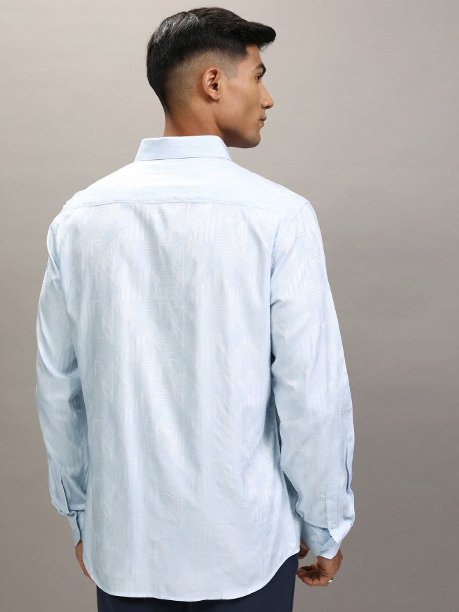 Locomotive Men Blue Textured Slim Fit Casual Shirt - Blue - Image 3