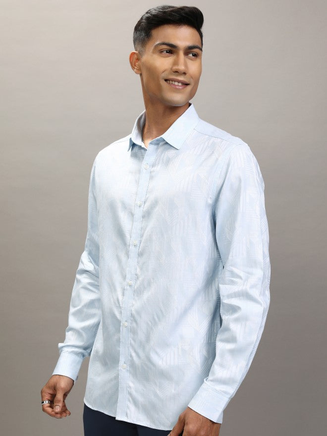 Locomotive Men Blue Textured Slim Fit Casual Shirt - Blue - Image 4