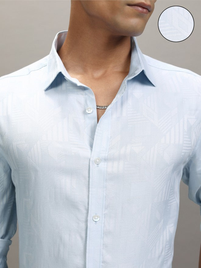 Locomotive Men Blue Textured Slim Fit Casual Shirt - Blue - Image 5