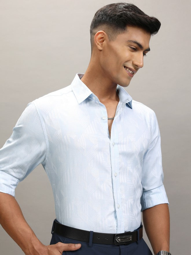 Locomotive Men Blue Textured Slim Fit Casual Shirt - Blue - Image 6