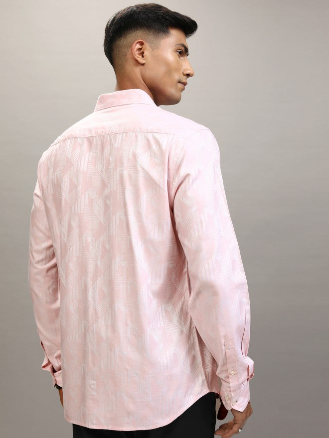 Locomotive Men Pink Textured Slim Fit Casual Shirt - Pink - Image 3
