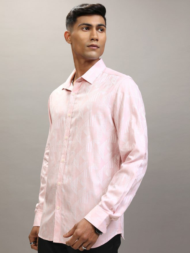Locomotive Men Pink Textured Slim Fit Casual Shirt - Pink - Image 4