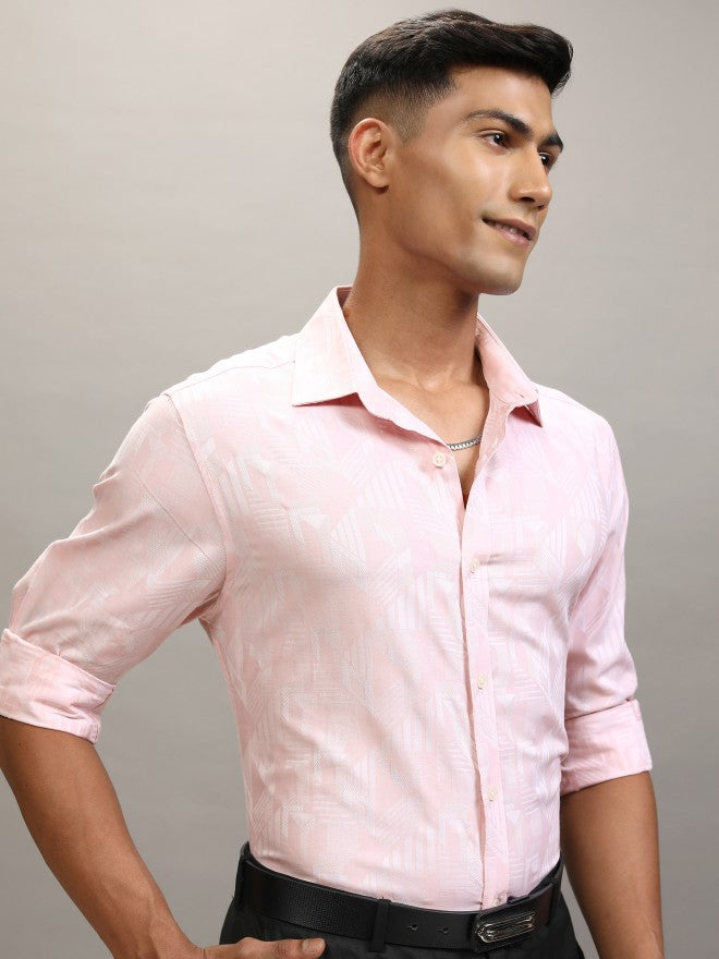 Locomotive Men Pink Textured Slim Fit Casual Shirt - Pink - Image 6
