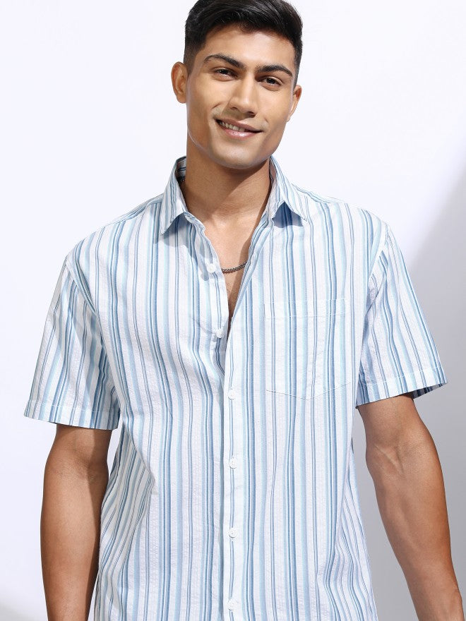 Locomotive Men Blue Striped Slim Fit Casual Shirt - Blue - Image 1