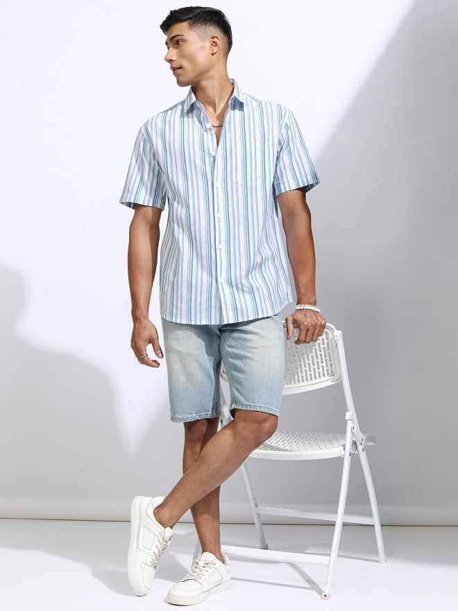 Locomotive Men Blue Striped Slim Fit Casual Shirt - Blue - Image 2