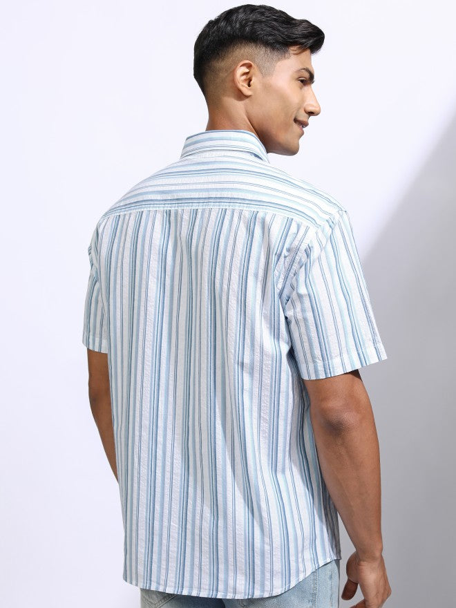 Locomotive Men Blue Striped Slim Fit Casual Shirt - Blue - Image 3