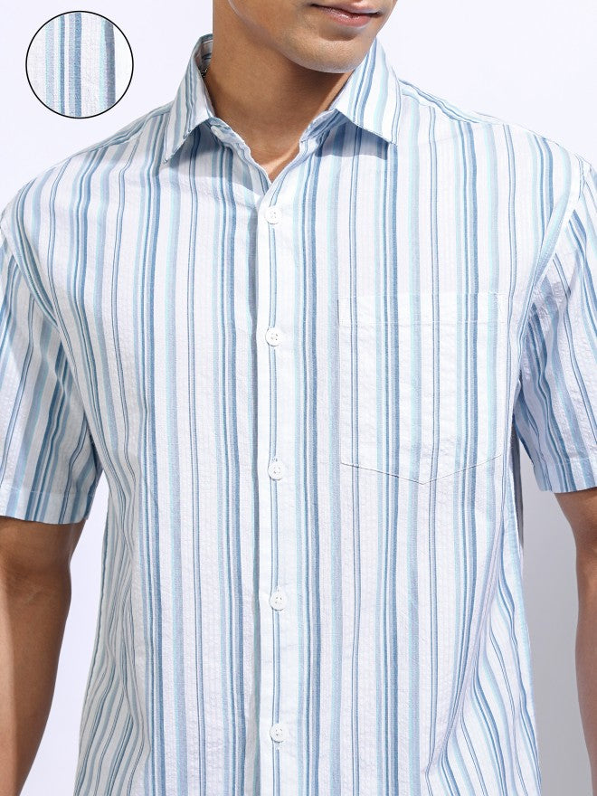 Locomotive Men Blue Striped Slim Fit Casual Shirt - Blue - Image 5