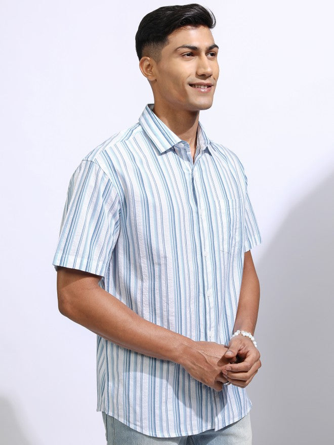 Locomotive Men Blue Striped Slim Fit Casual Shirt - Blue - Image 6