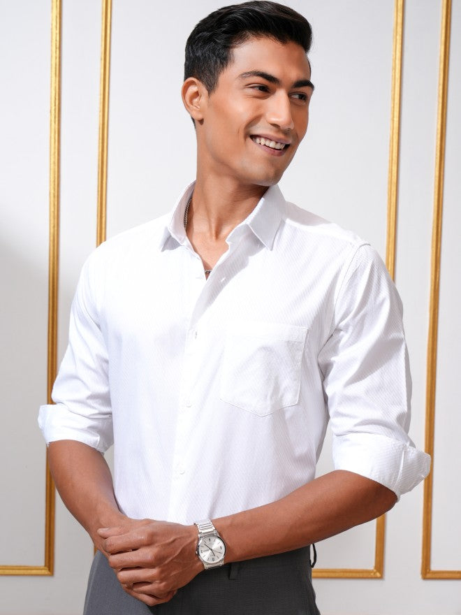 Locomotive Men White Textured Slim Fit Casual Shirt - White - Image 4