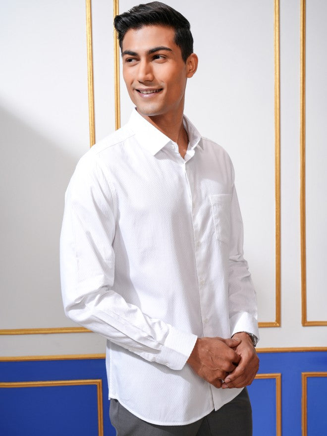 Locomotive Men White Textured Slim Fit Casual Shirt - White - Image 6