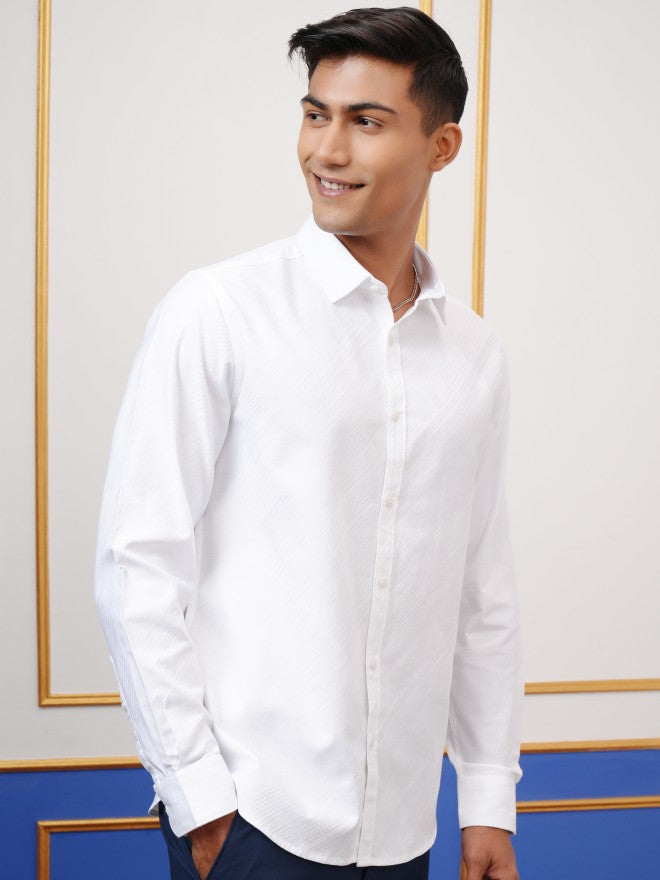 Locomotive Men White Textured Slim Fit Casual Shirt - White - Image 6
