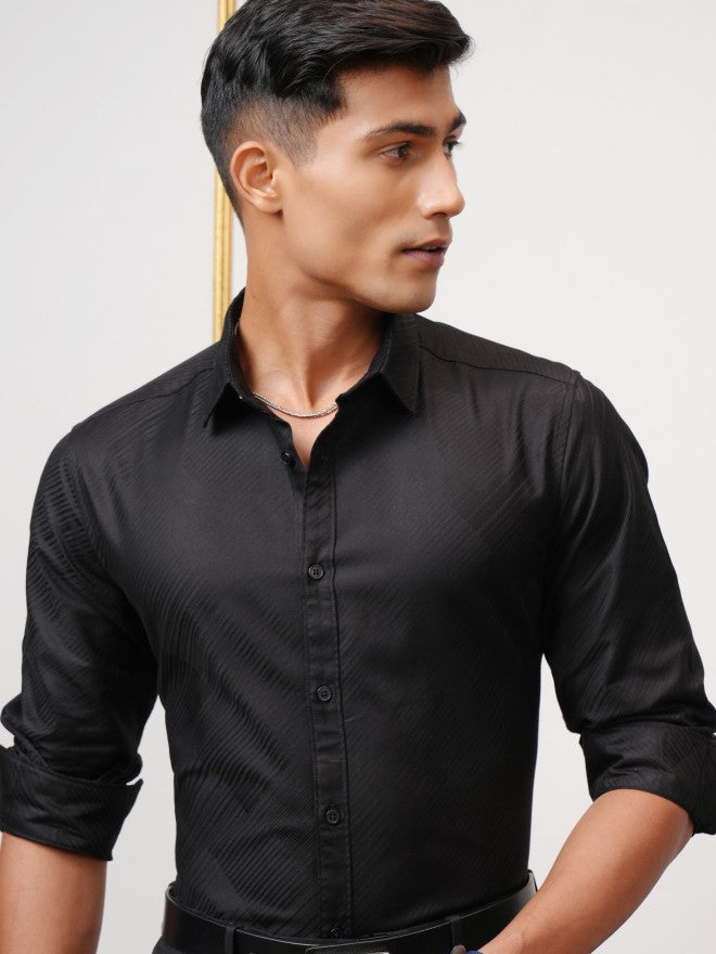 Locomotive Men Black Textured Slim Fit Casual Shirt - Black - Image 1