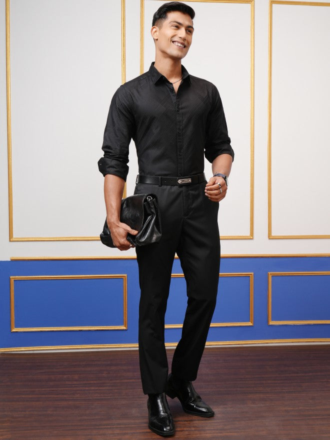 Locomotive Men Black Textured Slim Fit Casual Shirt - Black - Image 2