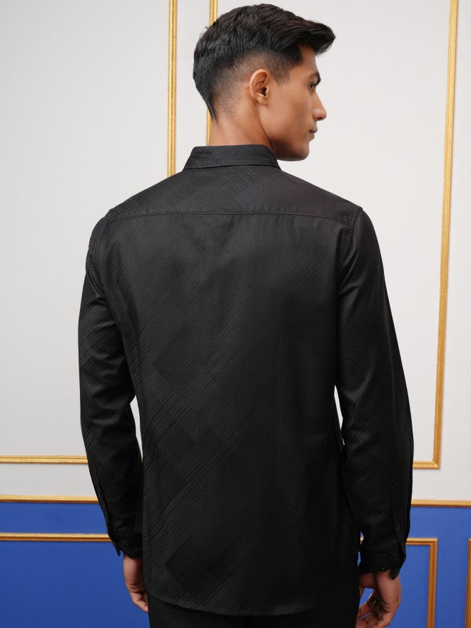 Locomotive Men Black Textured Slim Fit Casual Shirt - Black - Image 3