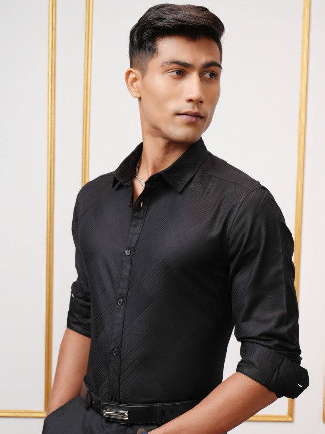 Locomotive Men Black Textured Slim Fit Casual Shirt - Black - Image 4