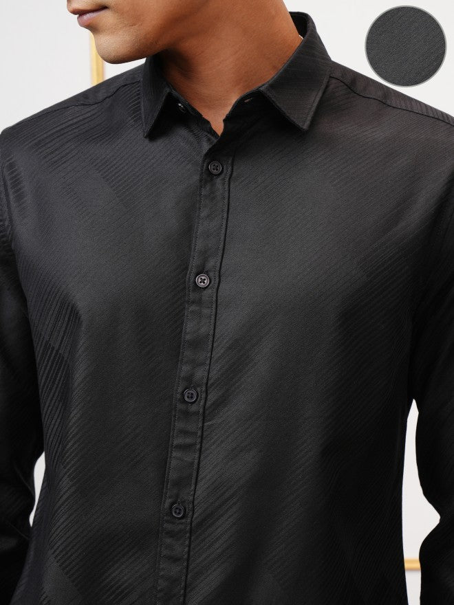 Locomotive Men Black Textured Slim Fit Casual Shirt - Black - Image 5