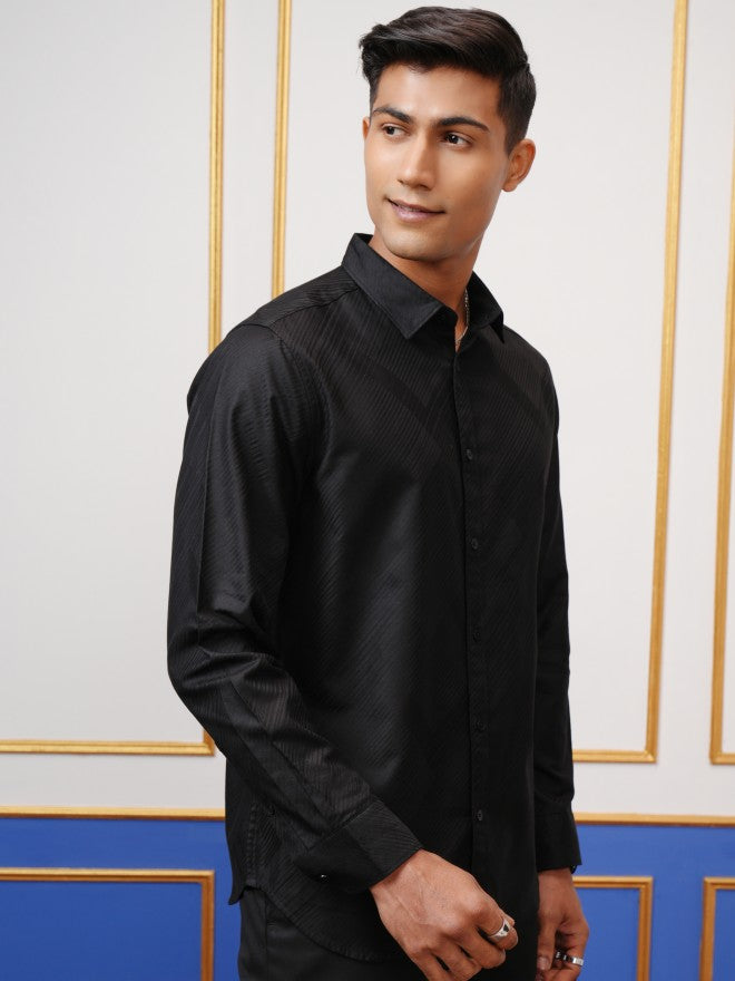 Locomotive Men Black Textured Slim Fit Casual Shirt - Black - Image 6