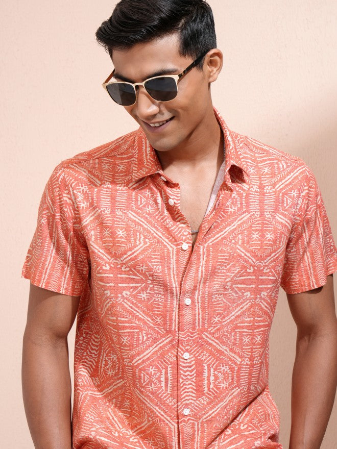 Locomotive Men Orange Printed Slim Fit Casual Shirt - Orange - Image 1