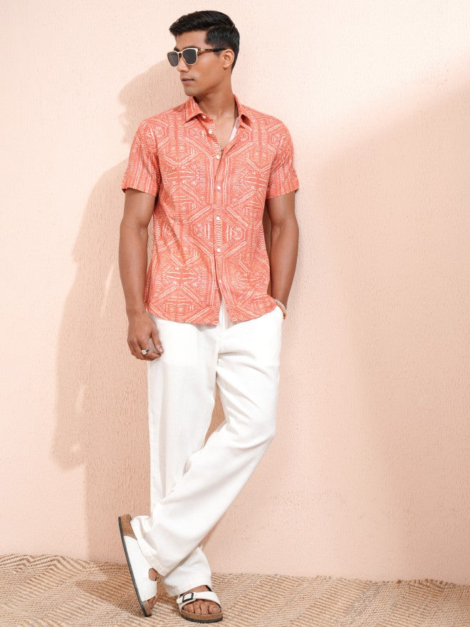 Locomotive Men Orange Printed Slim Fit Casual Shirt - Orange - Image 2
