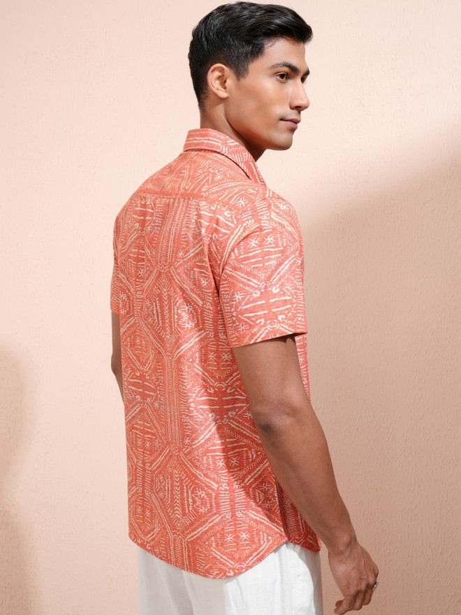 Locomotive Men Orange Printed Slim Fit Casual Shirt - Orange - Image 3