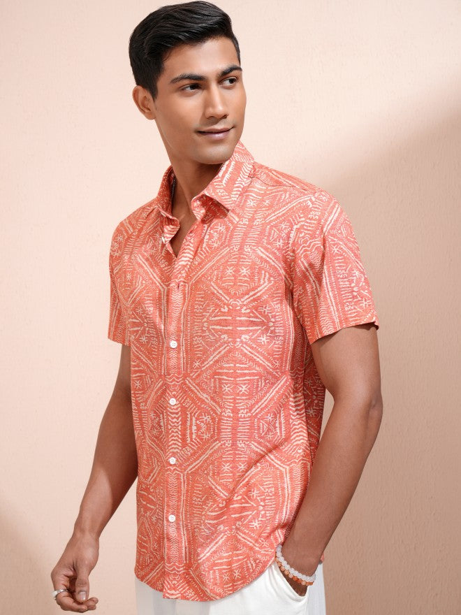 Locomotive Men Orange Printed Slim Fit Casual Shirt - Orange - Image 4