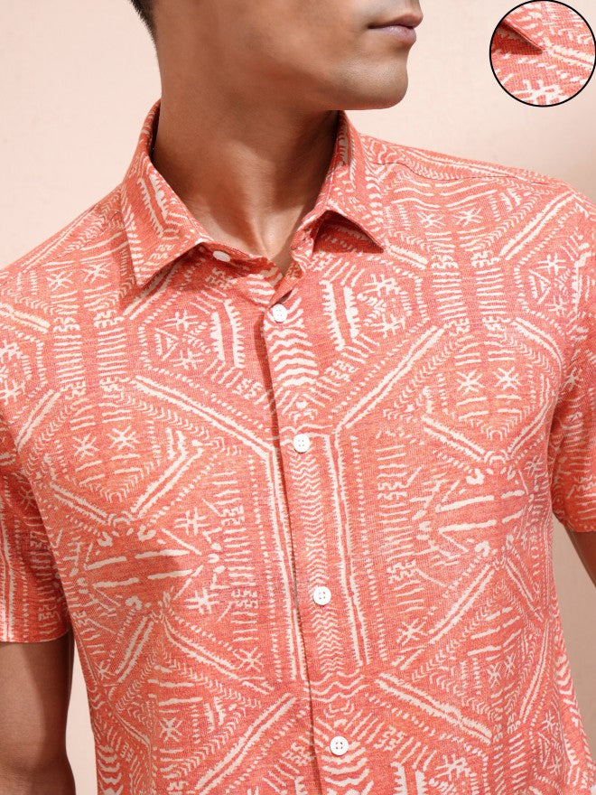 Locomotive Men Orange Printed Slim Fit Casual Shirt - Orange - Image 5