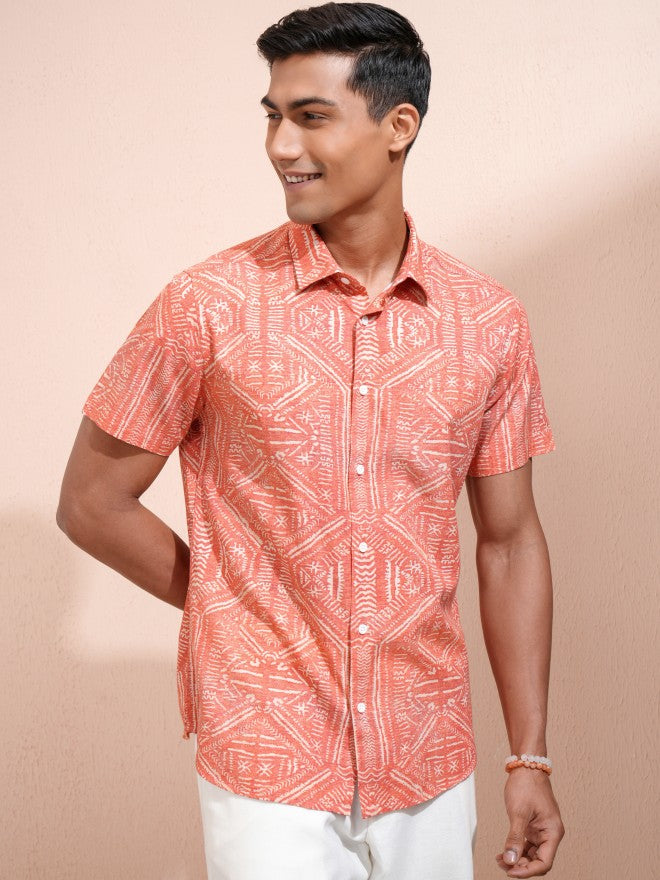 Locomotive Men Orange Printed Slim Fit Casual Shirt - Orange - Image 6