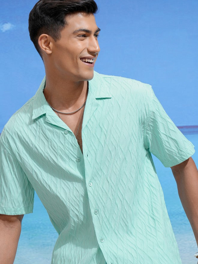 Locomotive Men Teal Textured Relaxed Fit Casual Shirt - Teal - Image 1