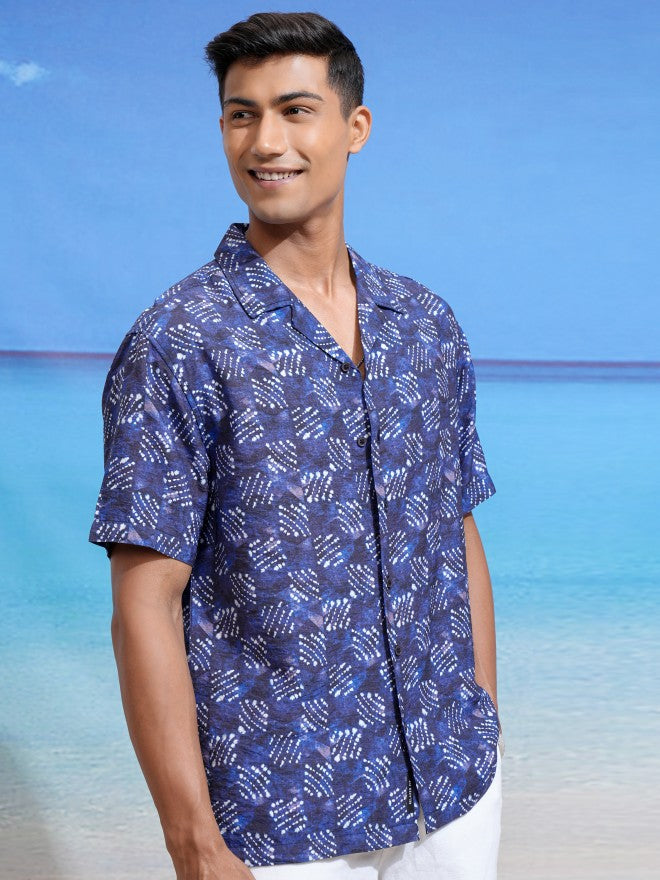 Locomotive Men Navy Blue Printed Relaxed Fit Casual Shirt - Navy Blue - Image 6