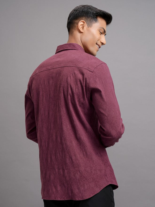 Locomotive Men Maroon Textured Slim Fit Casual Shirt - Maroon - Image 3