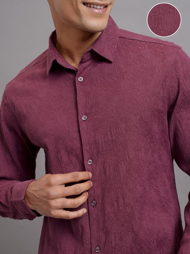 Locomotive Men Maroon Textured Slim Fit Casual Shirt - Maroon - Image 5