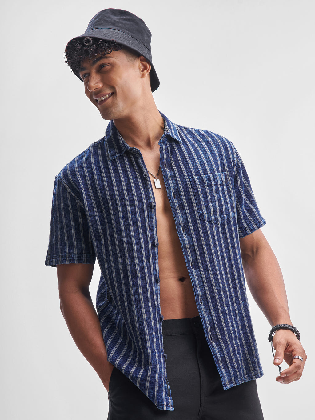 Locomotive Men Blue Striped Relaxed Fit Casual Shirt - Blue - Image 1