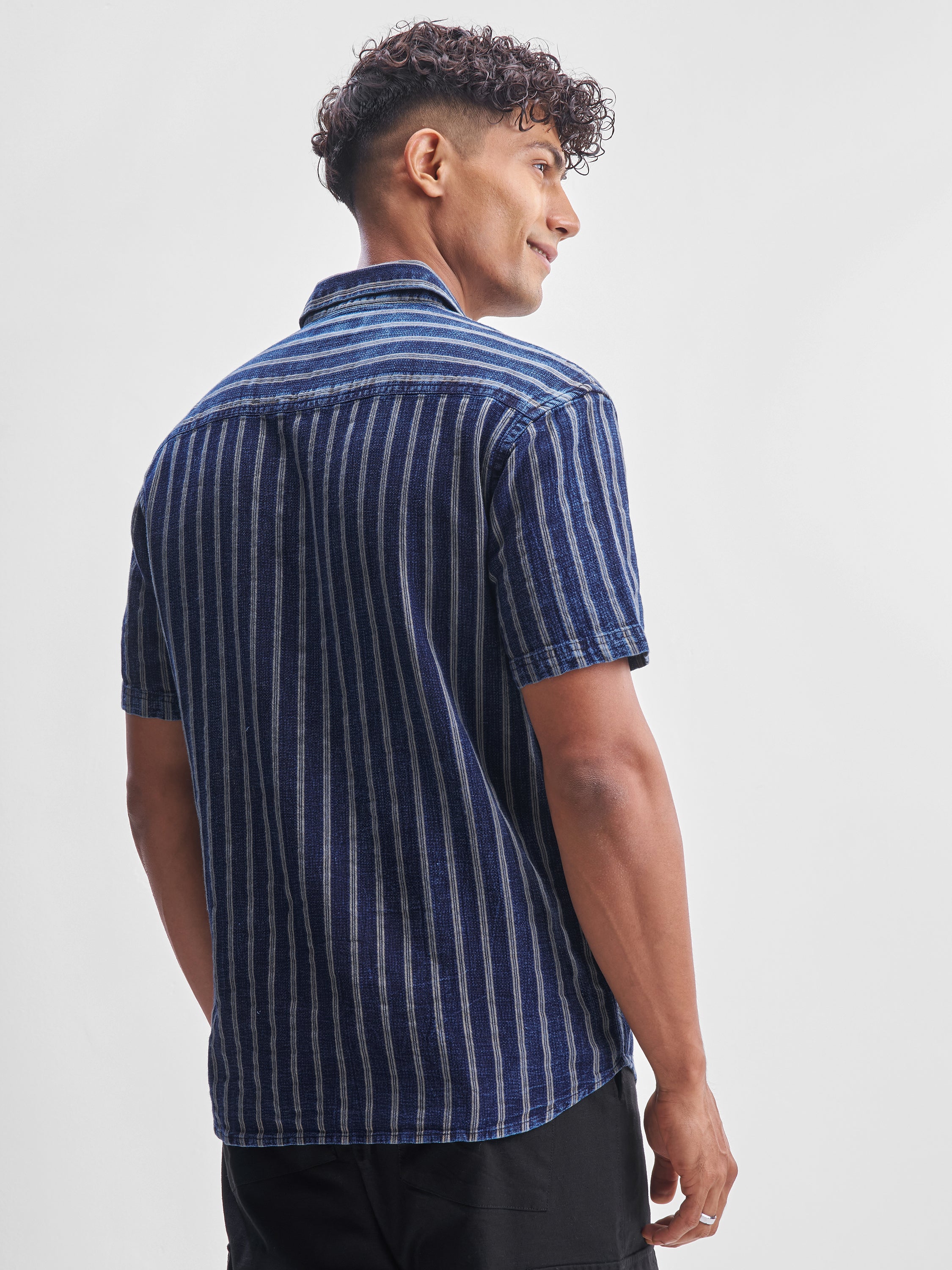 Locomotive Men Blue Striped Relaxed Fit Casual Shirt - Blue - Image 3