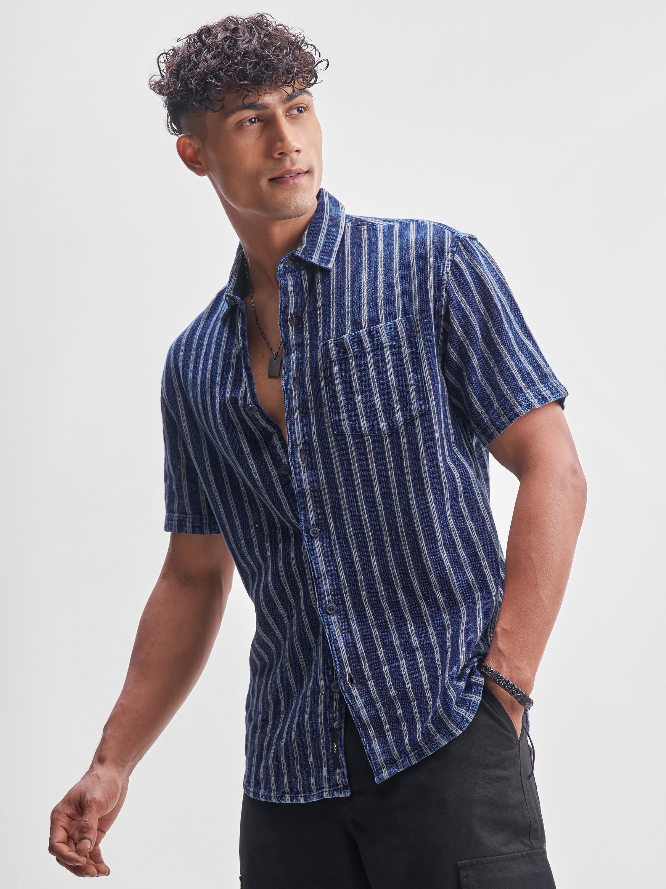 Locomotive Men Blue Striped Relaxed Fit Casual Shirt - Blue - Image 4