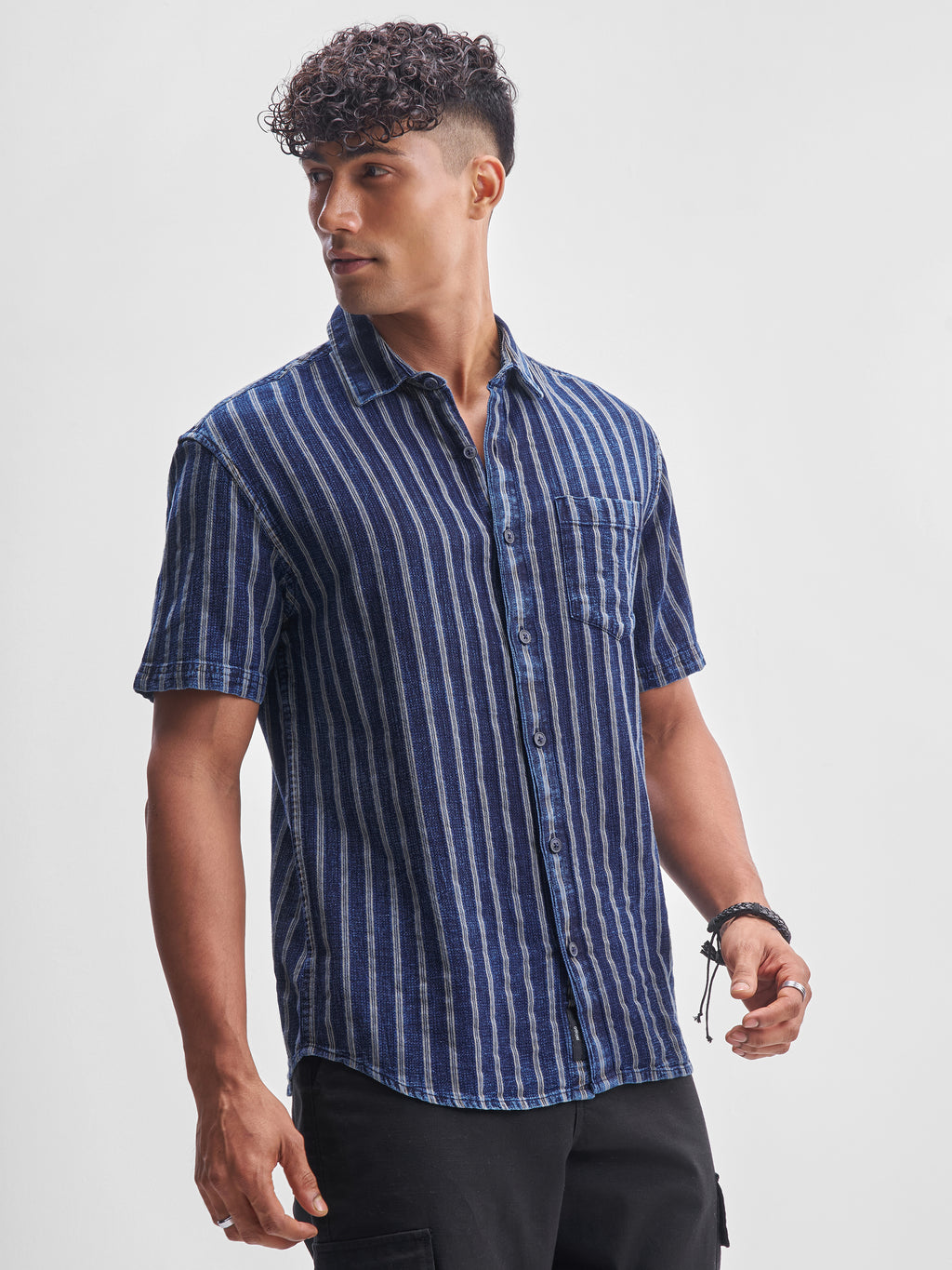 Locomotive Men Blue Striped Relaxed Fit Casual Shirt - Blue - Image 6
