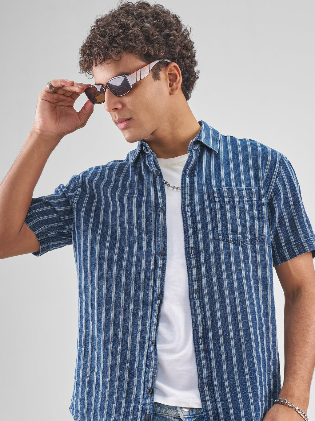 Locomotive Men Blue Striped Relaxed Fit Casual Shirt - Blue - Image 1