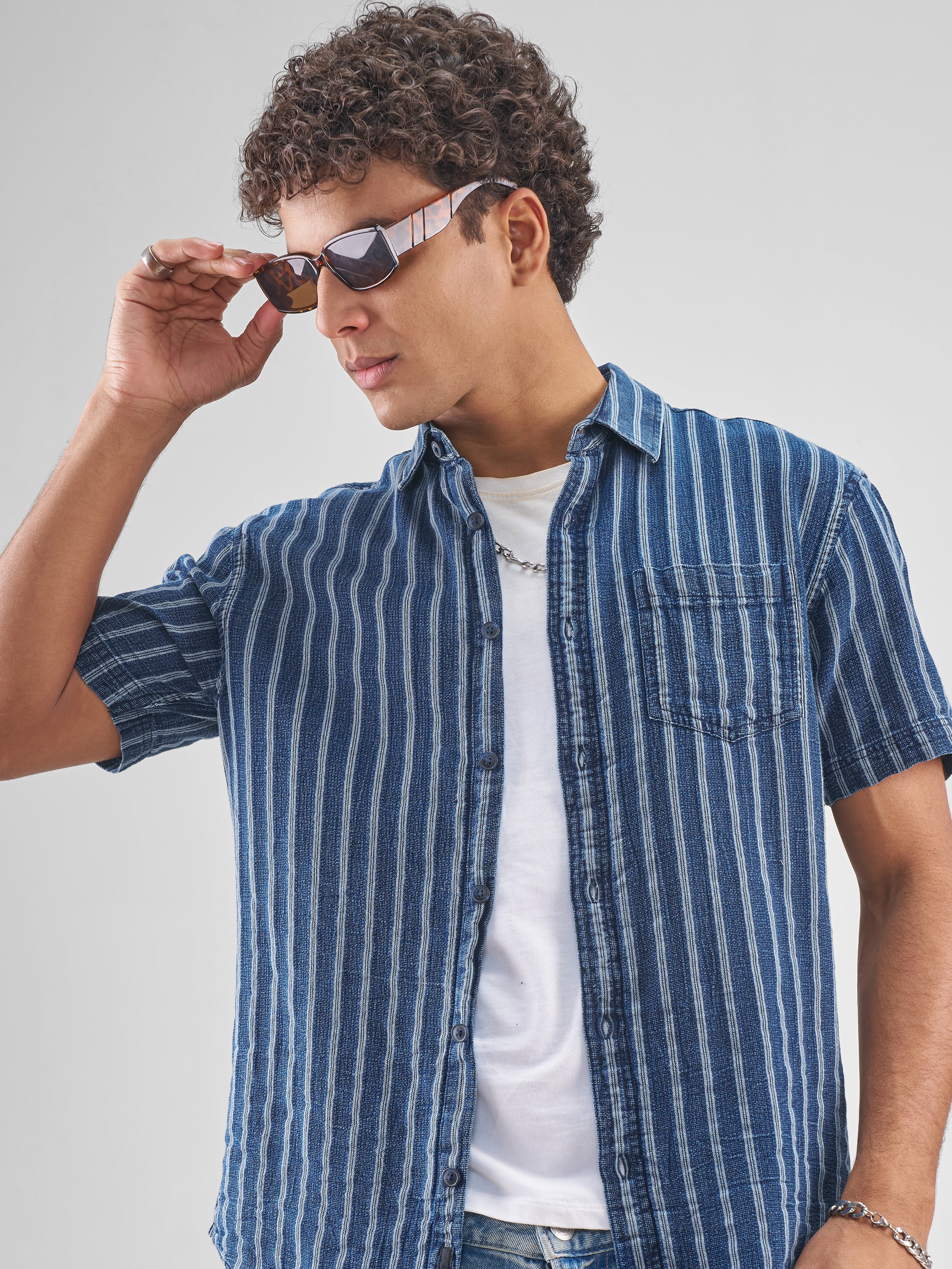 Locomotive Men Blue Striped Relaxed Fit Casual Shirt - Blue - Image 1