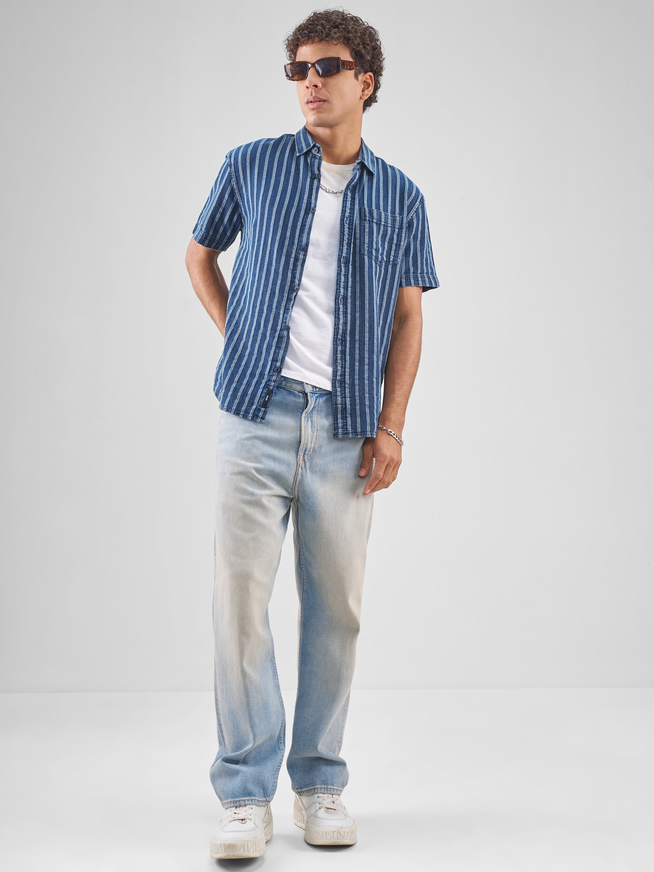 Locomotive Men Blue Striped Relaxed Fit Casual Shirt - Blue - Image 2