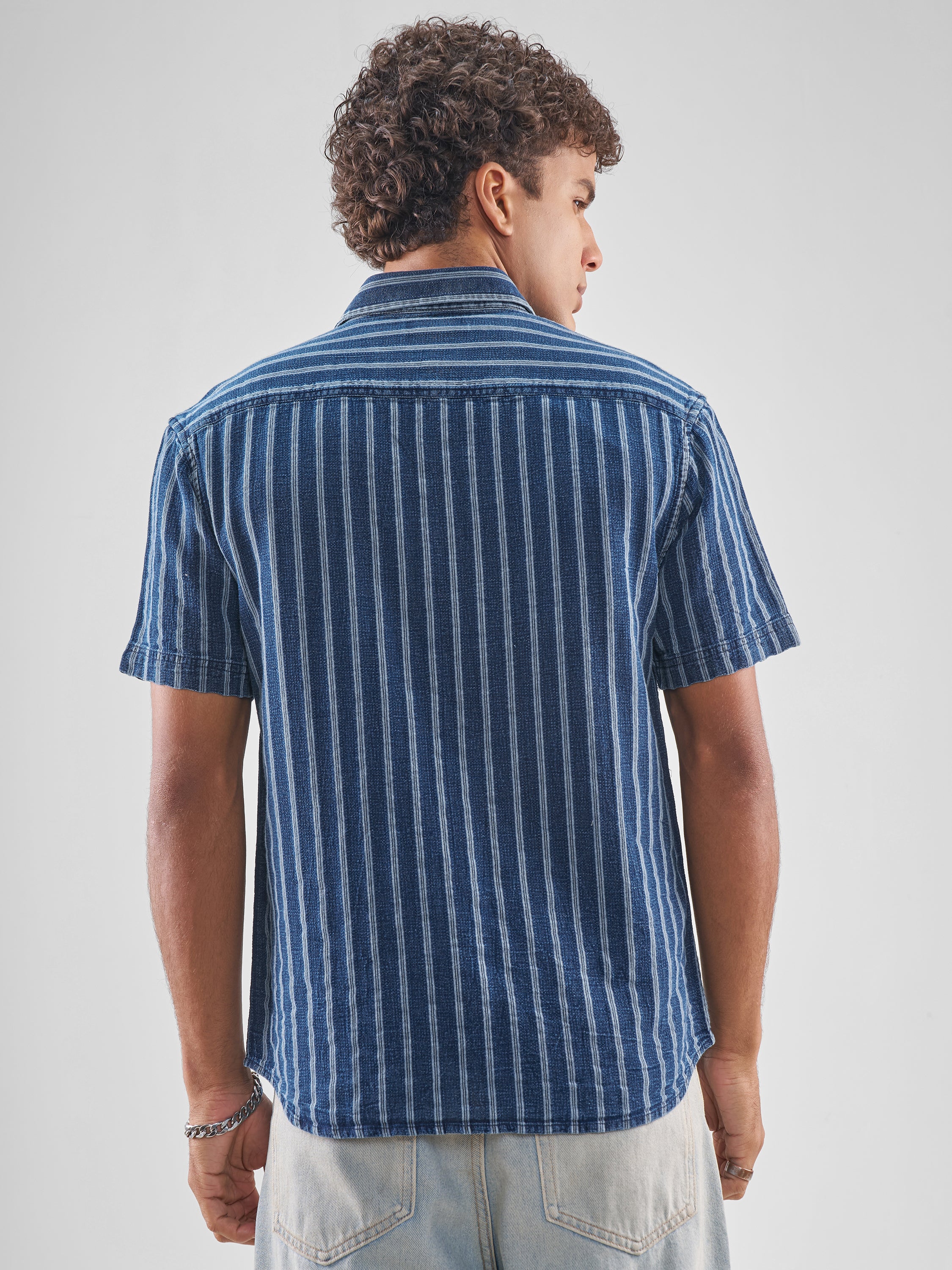 Locomotive Men Blue Striped Relaxed Fit Casual Shirt - Blue - Image 3