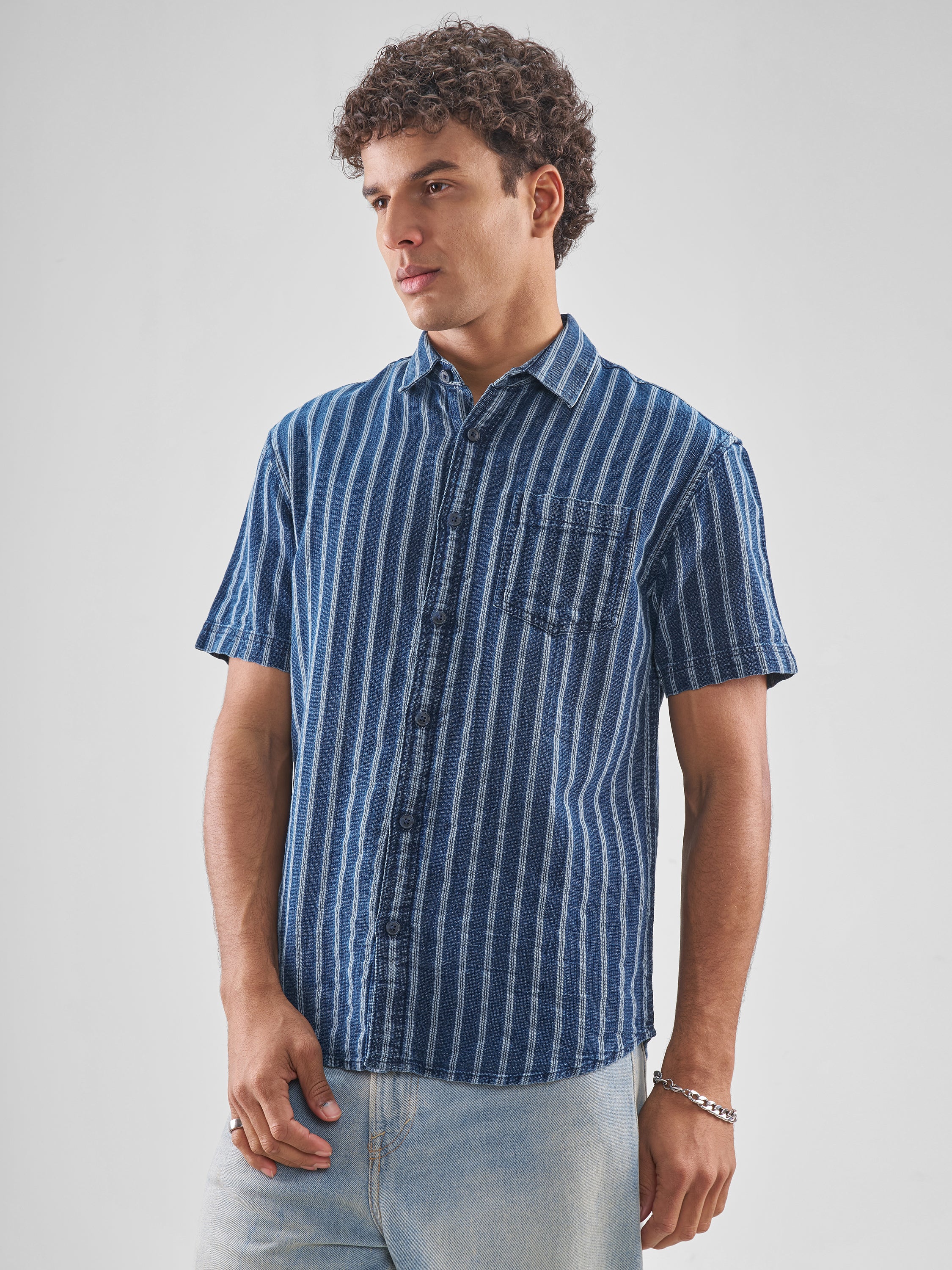 Locomotive Men Blue Striped Relaxed Fit Casual Shirt - Blue - Image 4