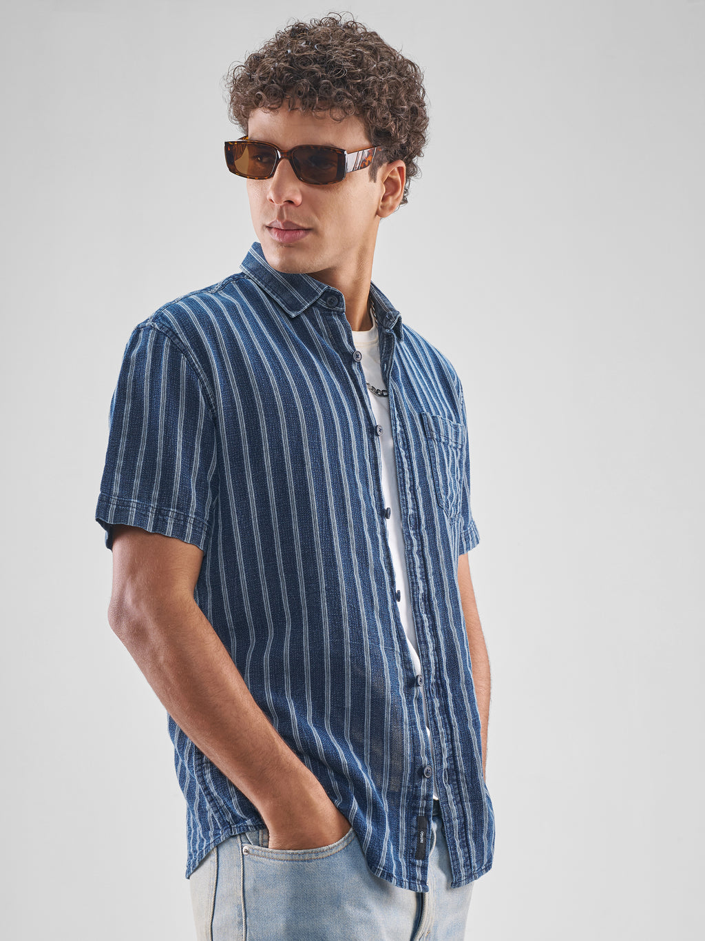 Locomotive Men Blue Striped Relaxed Fit Casual Shirt - Blue - Image 6