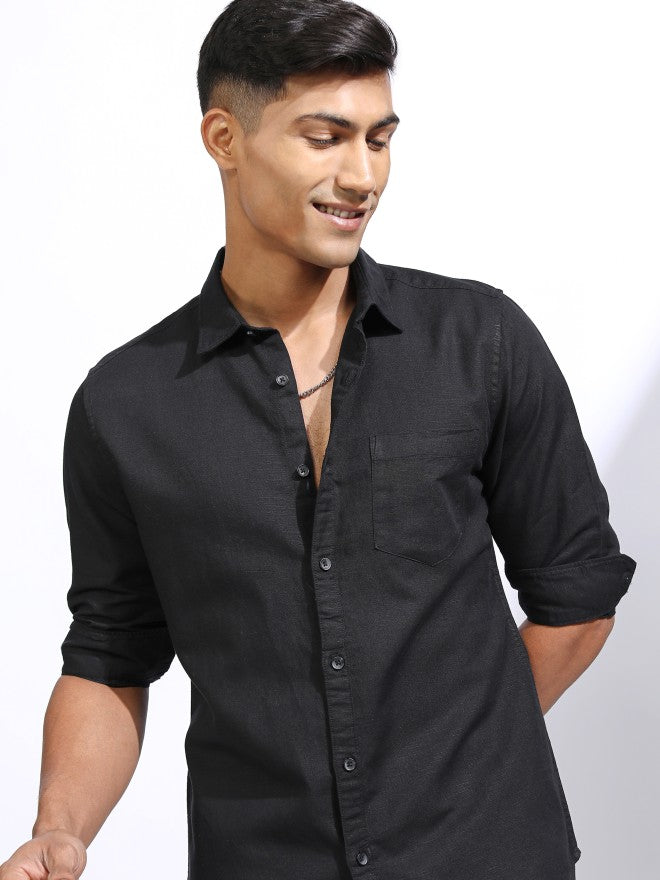 Locomotive Men Black Solid Regular Fit Casual Shirt - Black - Image 1