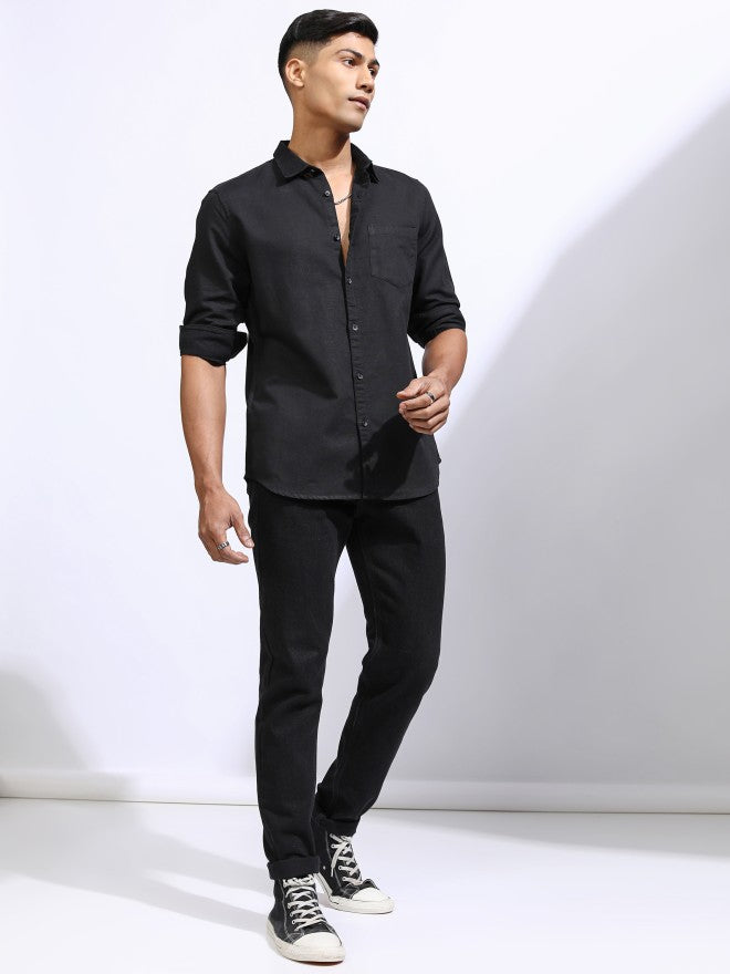 Locomotive Men Black Solid Regular Fit Casual Shirt - Black - Image 2