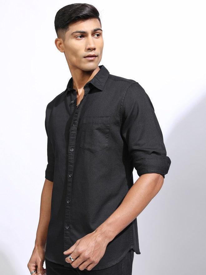 Locomotive Men Black Solid Regular Fit Casual Shirt - Black - Image 4