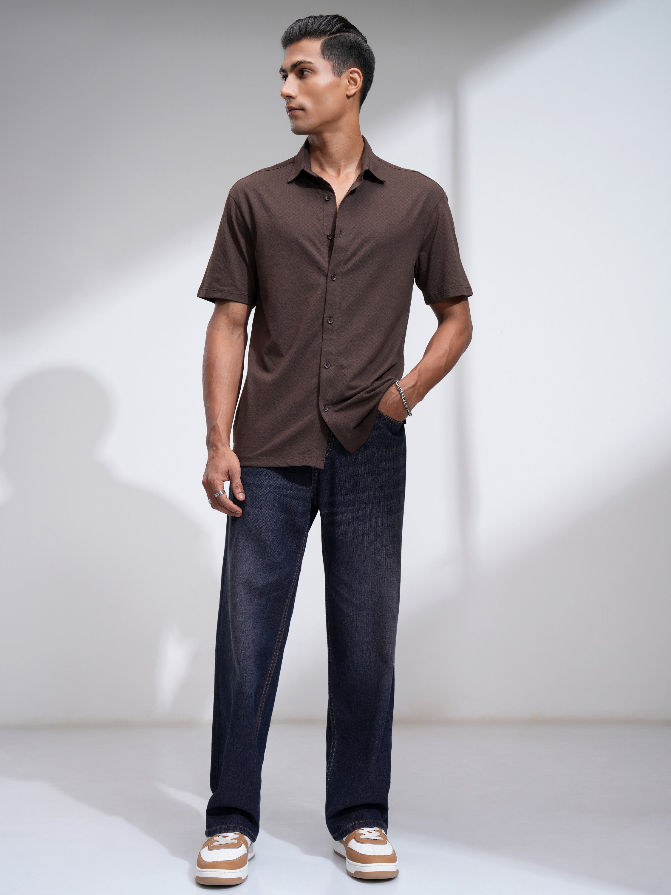 Locomotive Men Brown Self Design Relaxed Fit Casual Shirt - Brown - Image 2