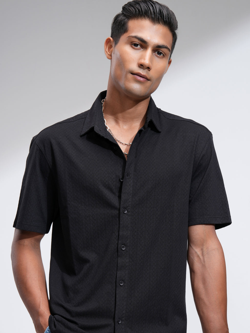 Locomotive Men Black Textured Relaxed Fit Casual Shirt - Black - Image 1